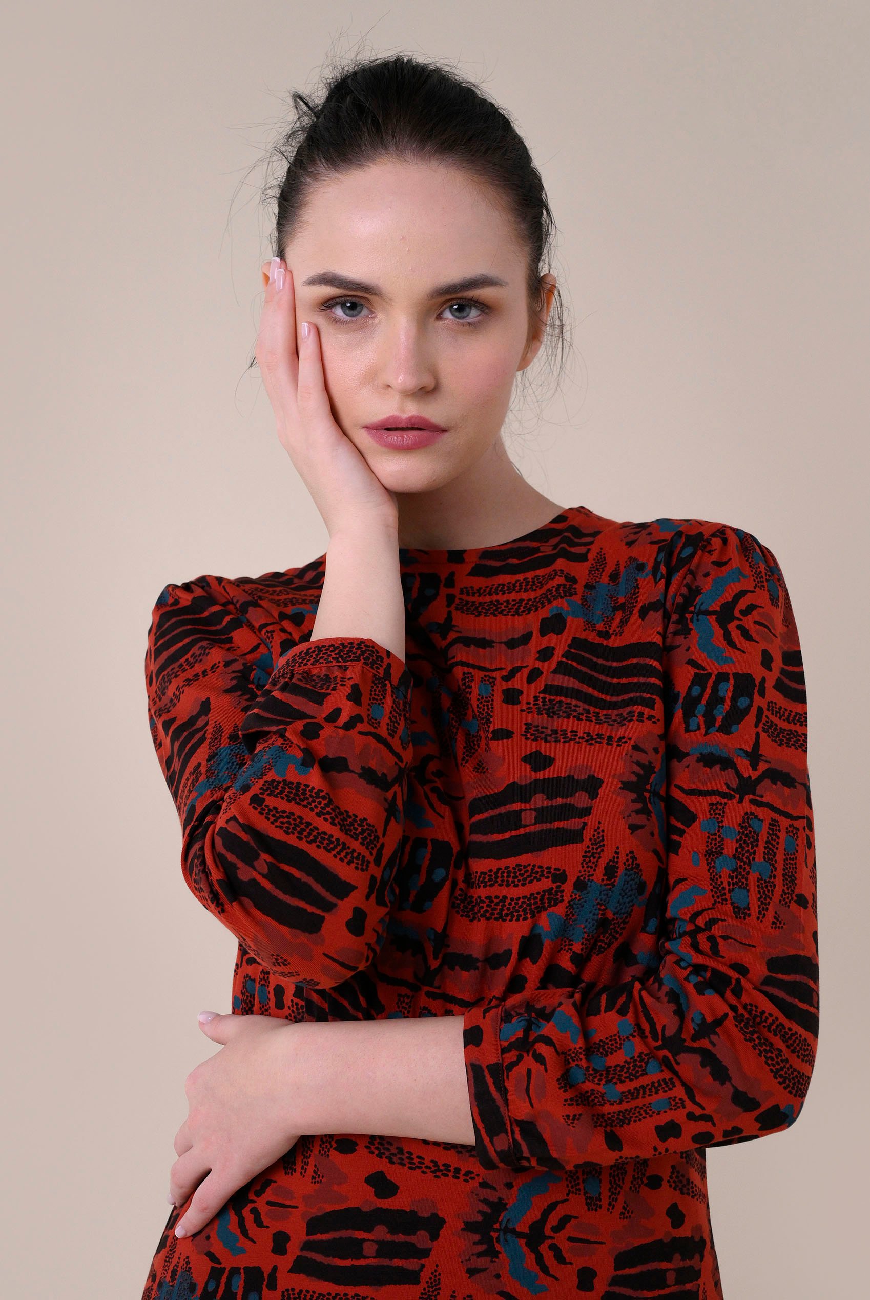 Women Abstract Print Wide Neck Midi Dress