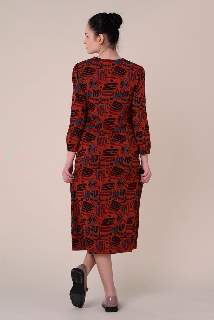 Women Abstract Print Wide Neck Midi Dress