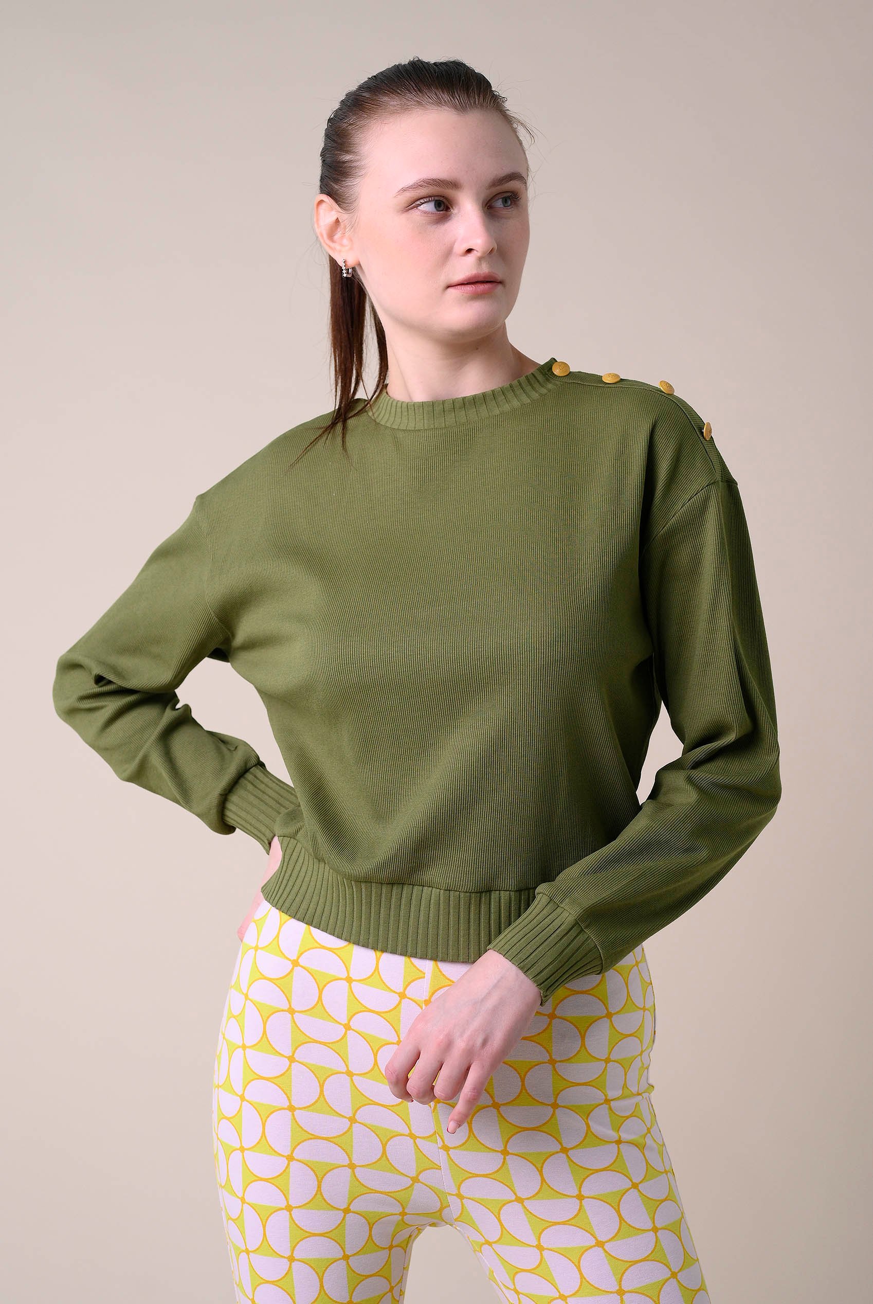 Button Shoulder Crewneck Sweatshirt