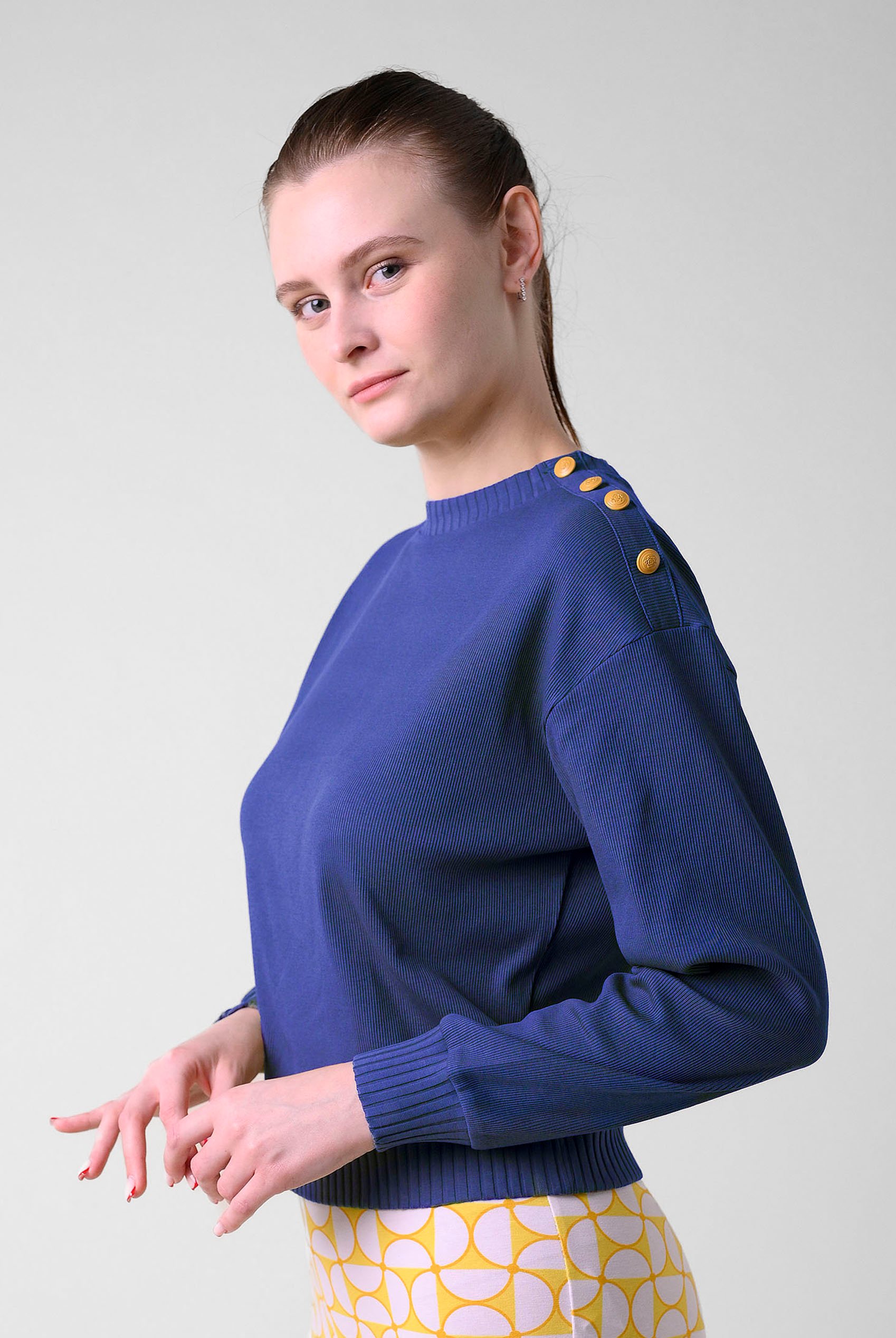 Button Shoulder Crewneck Sweatshirt