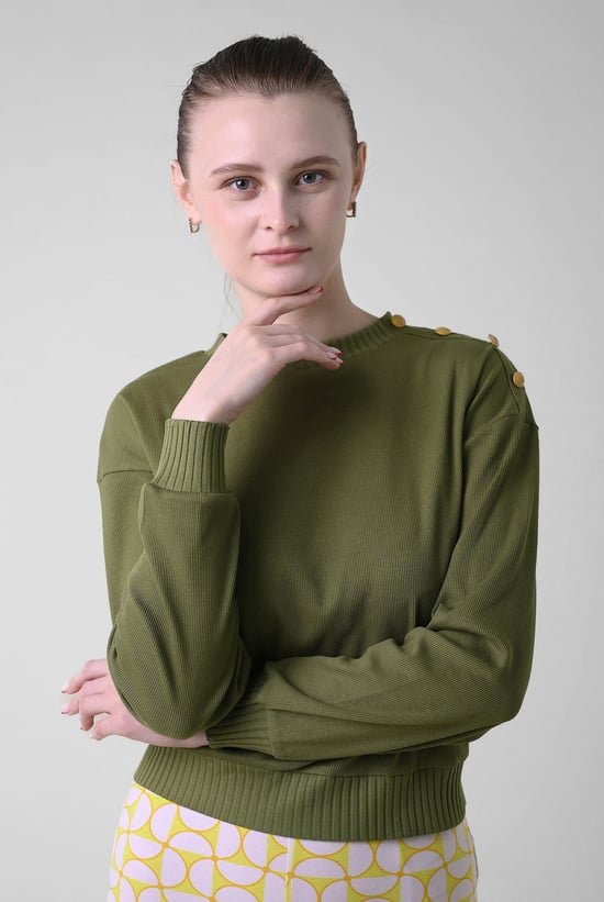 Button Shoulder Crewneck Sweatshirt