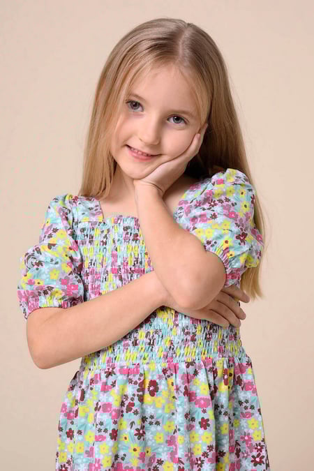 Girls Green Printed Smoky Tiered Dress ( 5yrs-11yrs)