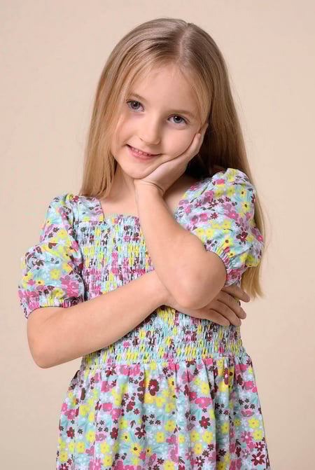 Girls Green Printed Smoky Tiered Dress ( 5yrs-11yrs)
