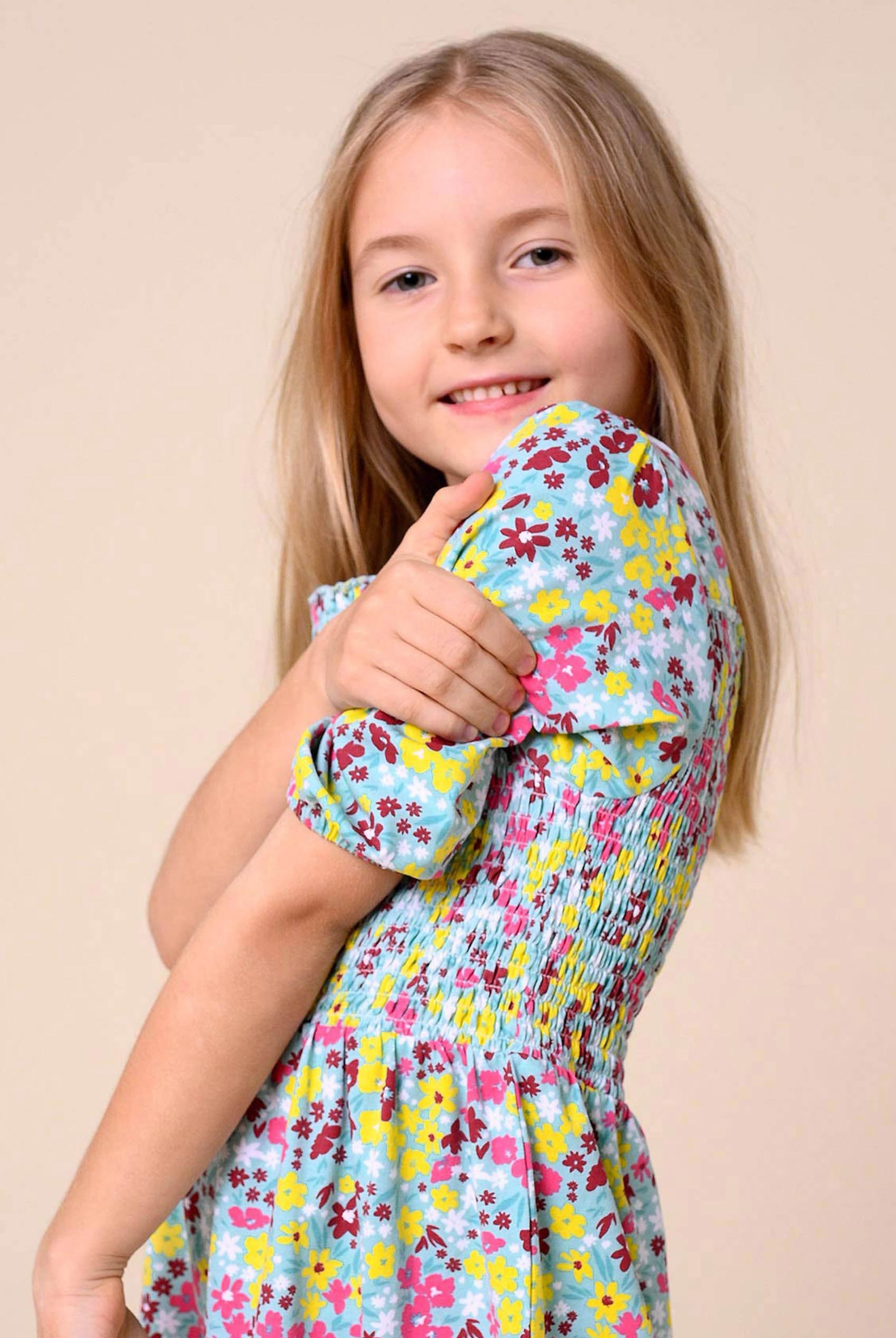 Girls Printed Smoky Tiered Dress ( 5yrs-11yrs)