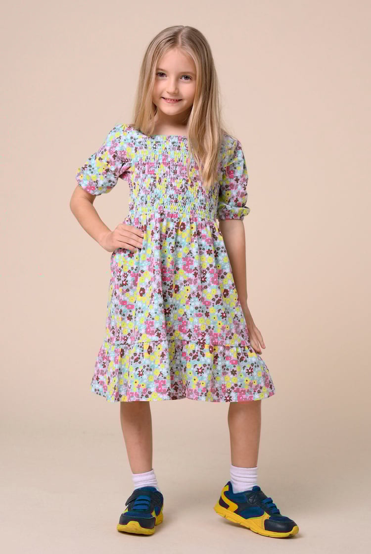 Girls Printed Smoky Tiered Dress ( 5yrs-11yrs)