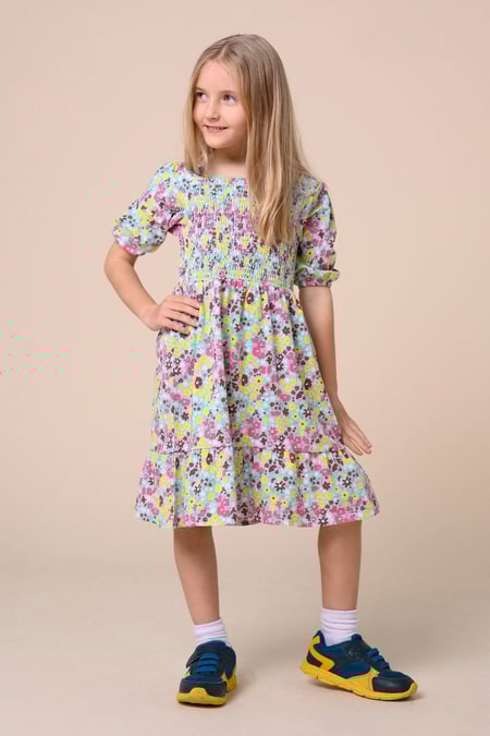 Girls Green Printed Smoky Tiered Dress ( 5yrs-11yrs)