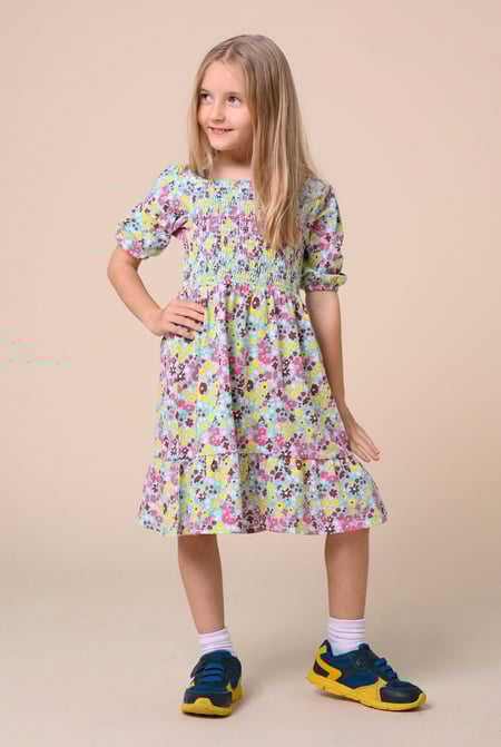 Girls Green Printed Smoky Tiered Dress ( 5yrs-11yrs)