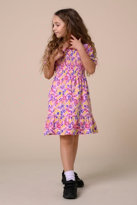 Girls Pink Printed Smoky Tiered Dress ( 5yrs-11yrs)