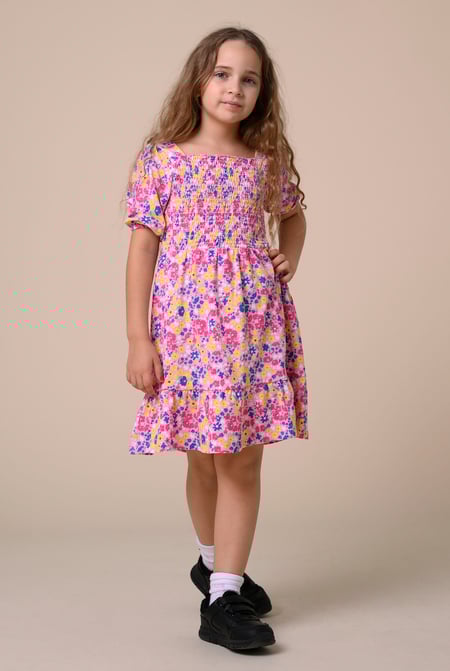 Girls Green Printed Smoky Tiered Dress ( 5yrs-11yrs)