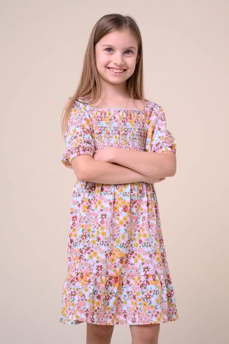 Girls Orange Printed Smoky Tiered Dress ( 5yrs-11yrs)