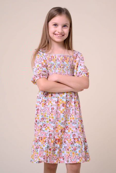 Girls Orange Printed Smoky Tiered Dress ( 5yrs-11yrs)