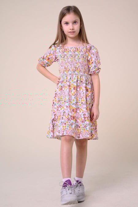 Girls Green Printed Smoky Tiered Dress ( 5yrs-11yrs)
