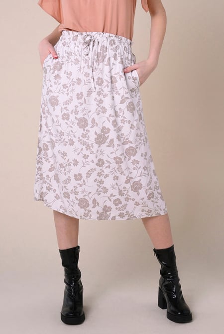 Womens White Floral Print Midi Skirt