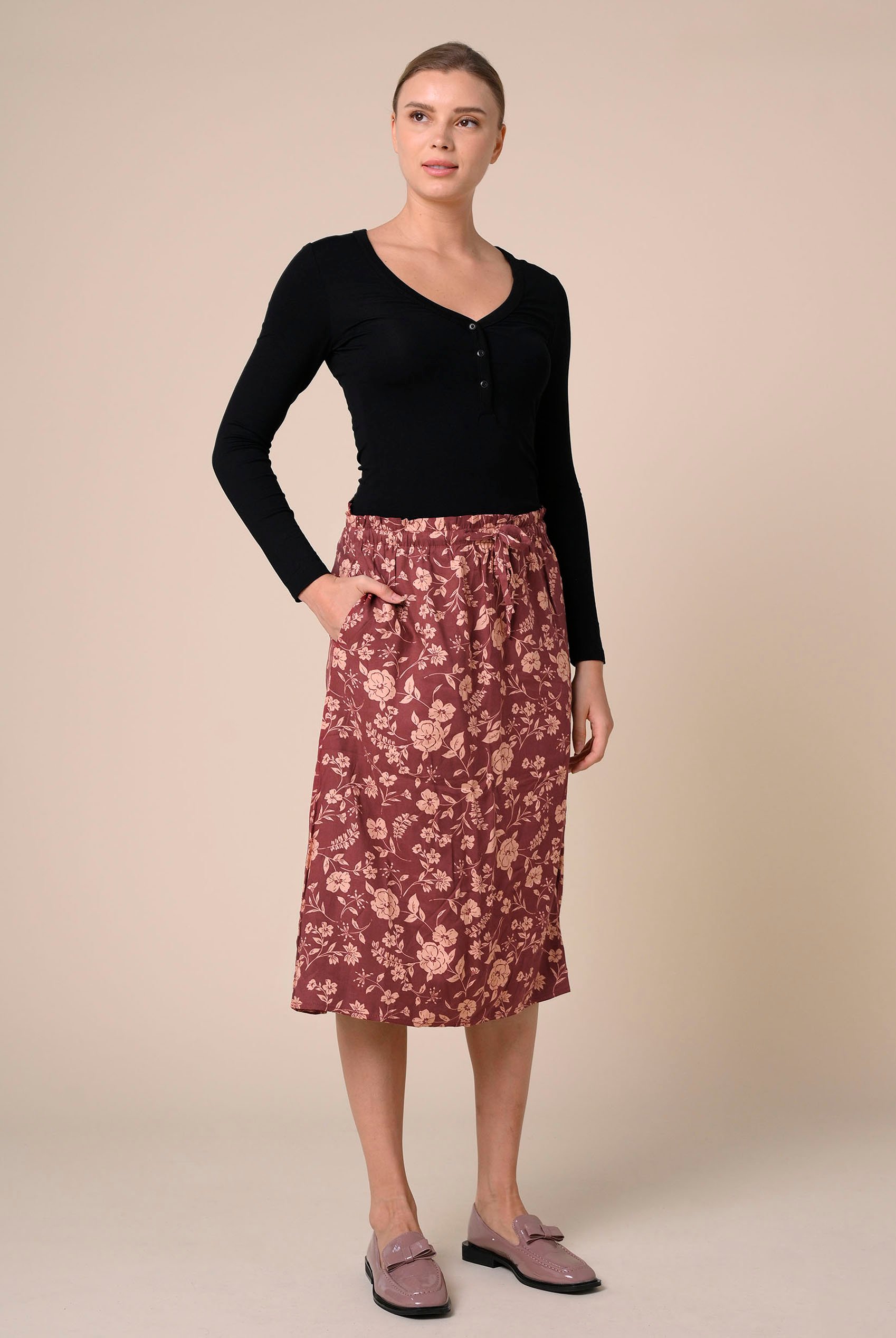 Womens Floral Print Midi Skirt