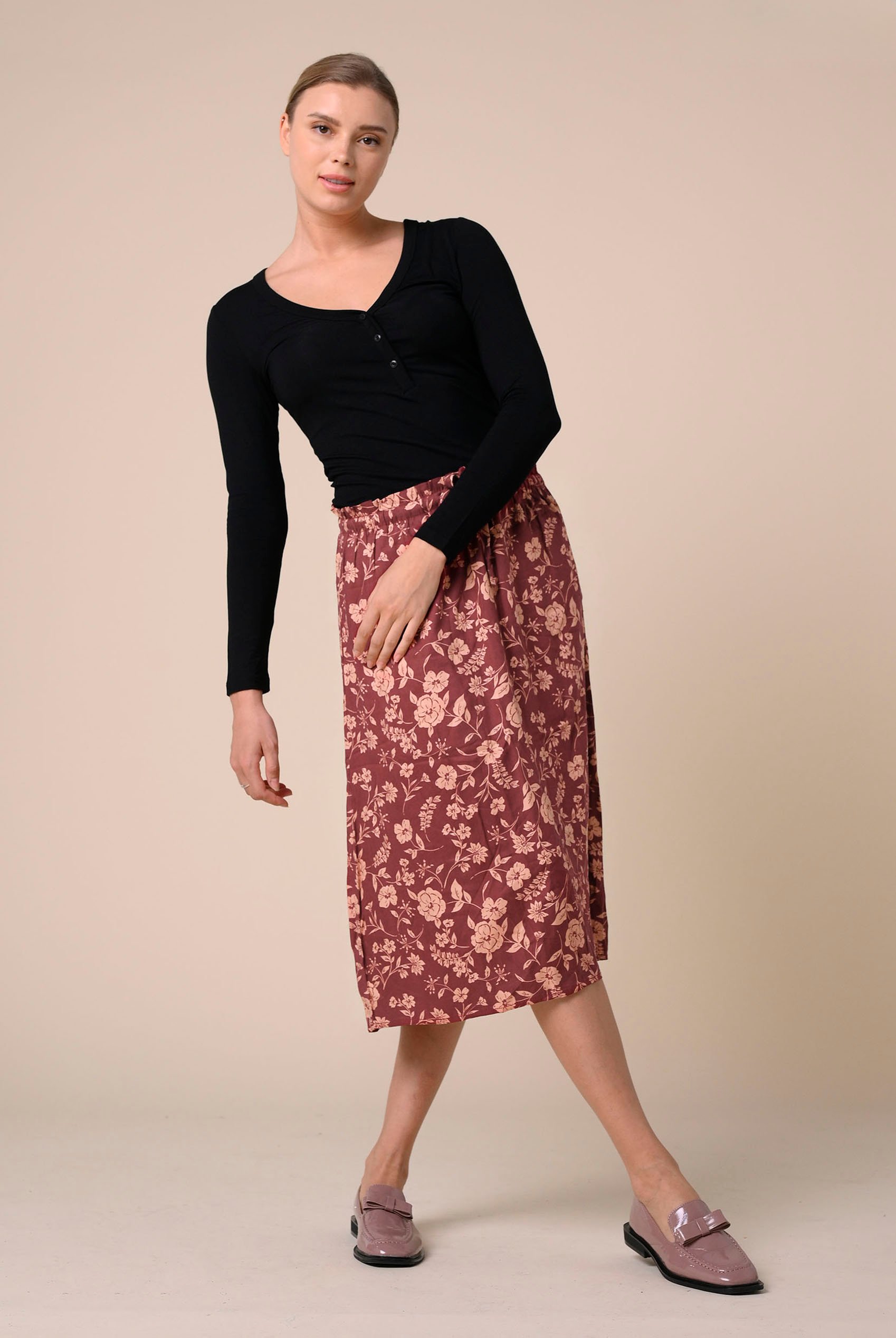 Womens Floral Print Midi Skirt