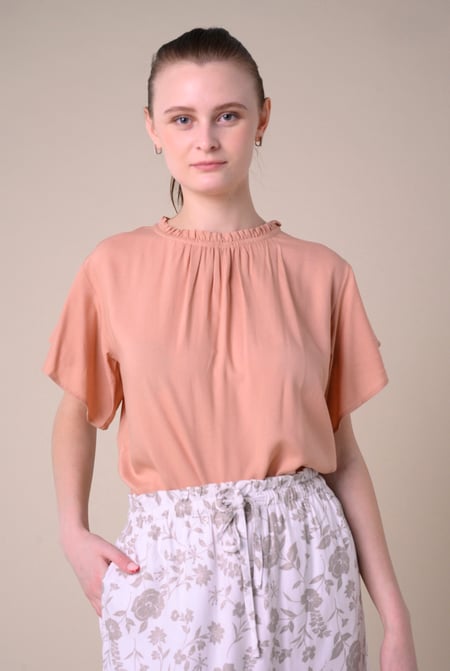 Womens Cream Ruffle Stand Collar Tops