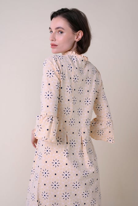 Cream Ditsy Floral Flounce Sleeve Midi Dress
