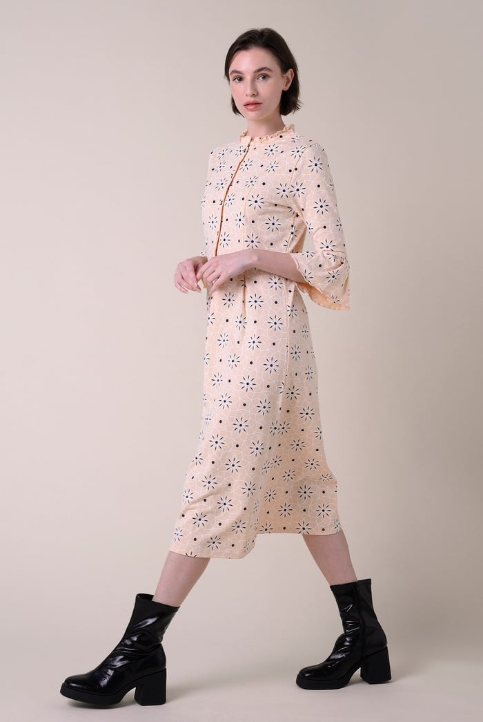 Ditsy Floral Flounce Sleeve Midi Dress