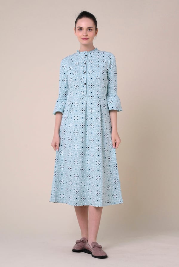 Blue Ditsy Floral Flounce Sleeve Midi Dress