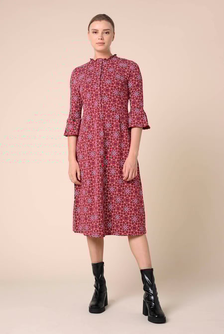 Cream Ditsy Floral Flounce Sleeve Midi Dress