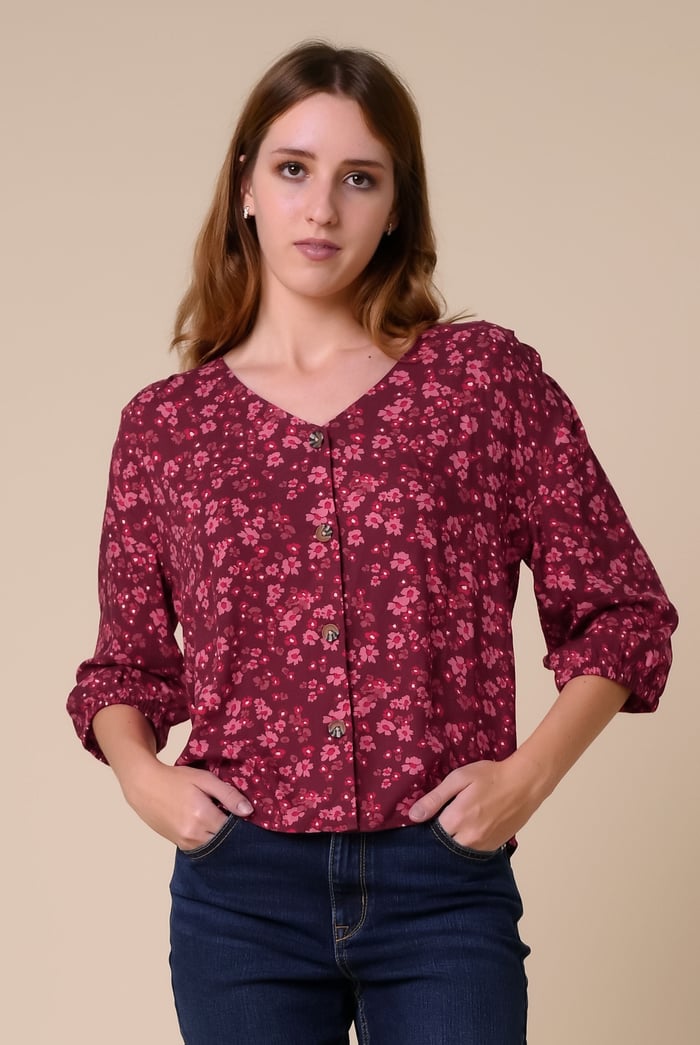 Womens Floral Print Button Front Blouse