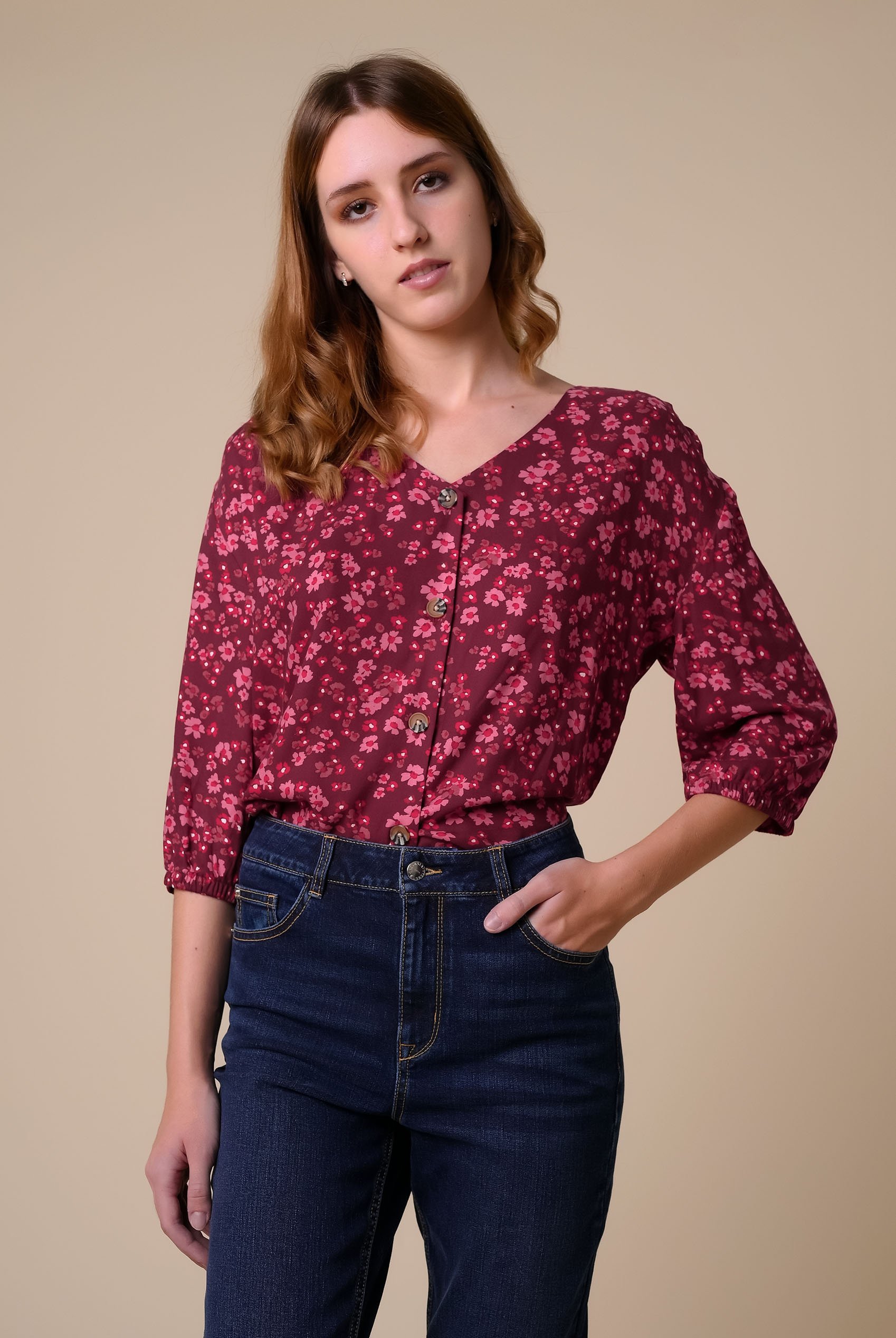 Womens Floral Print Button Front Blouse