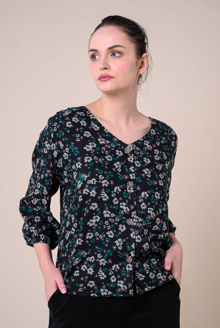 Womens Floral Print Button Front Blouse