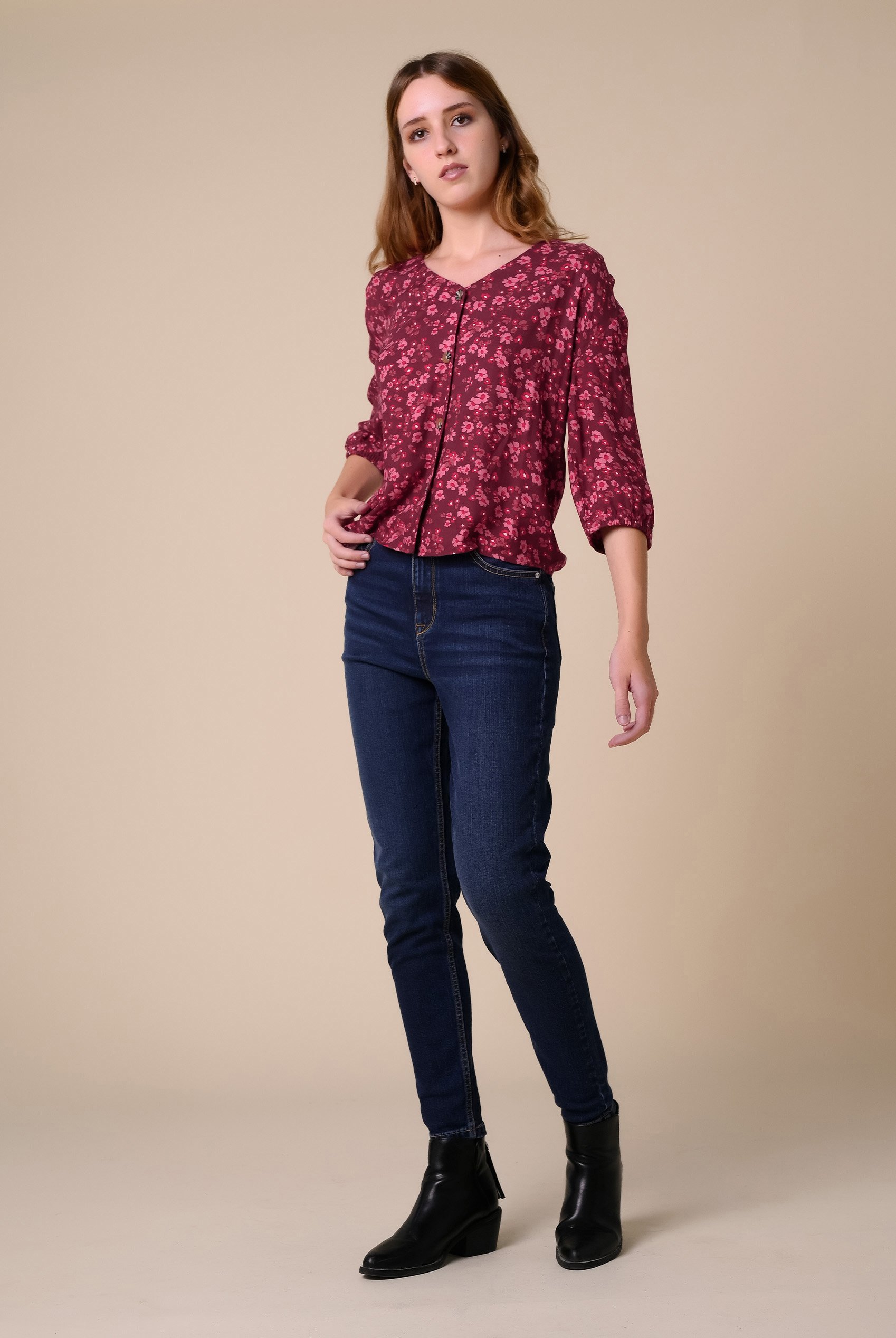 Womens Floral Print Button Front Blouse