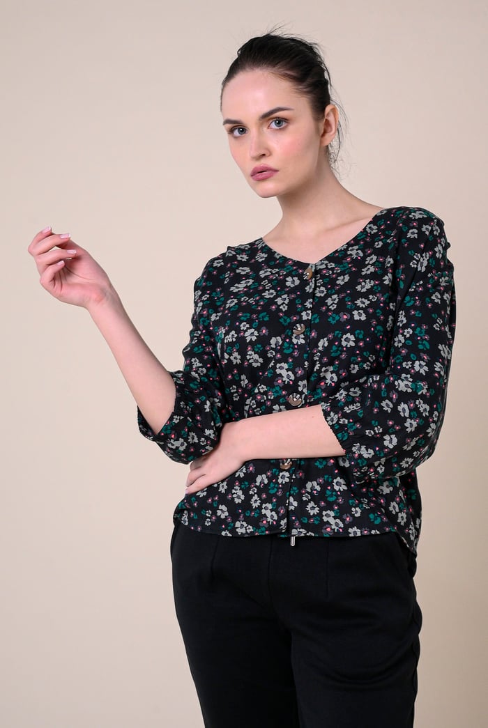Womens Floral Print Button Front Blouse