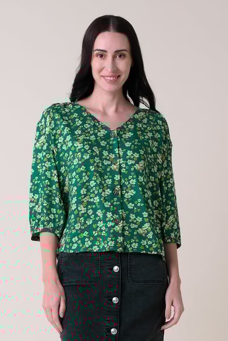 Womens Black Floral Print Button Front Blouse