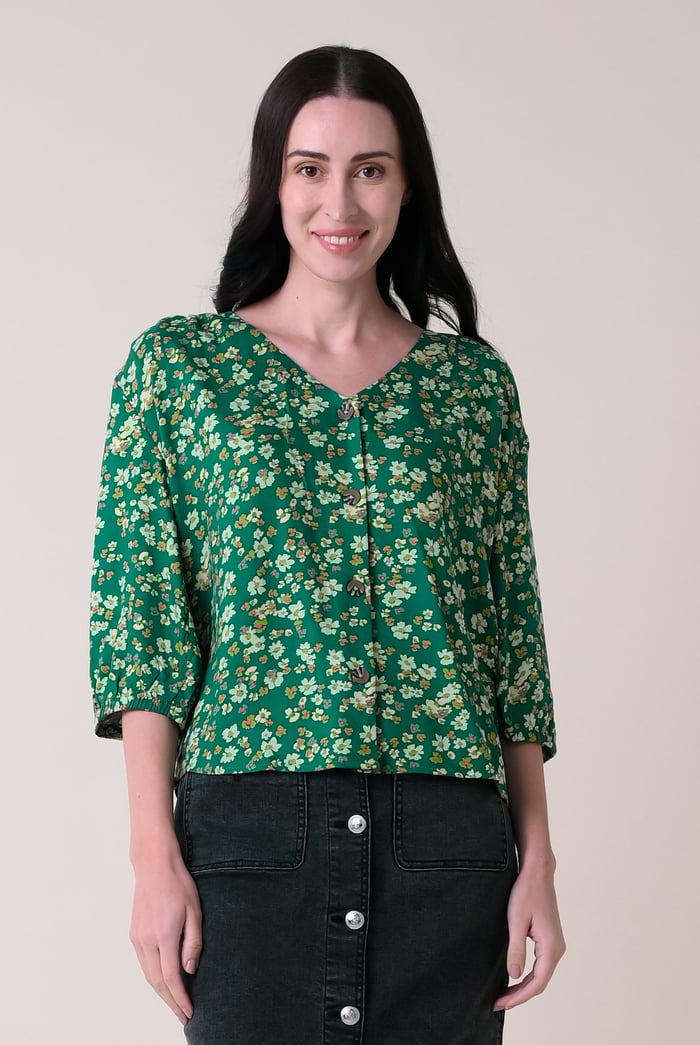 Womens Floral Print Button Front Blouse