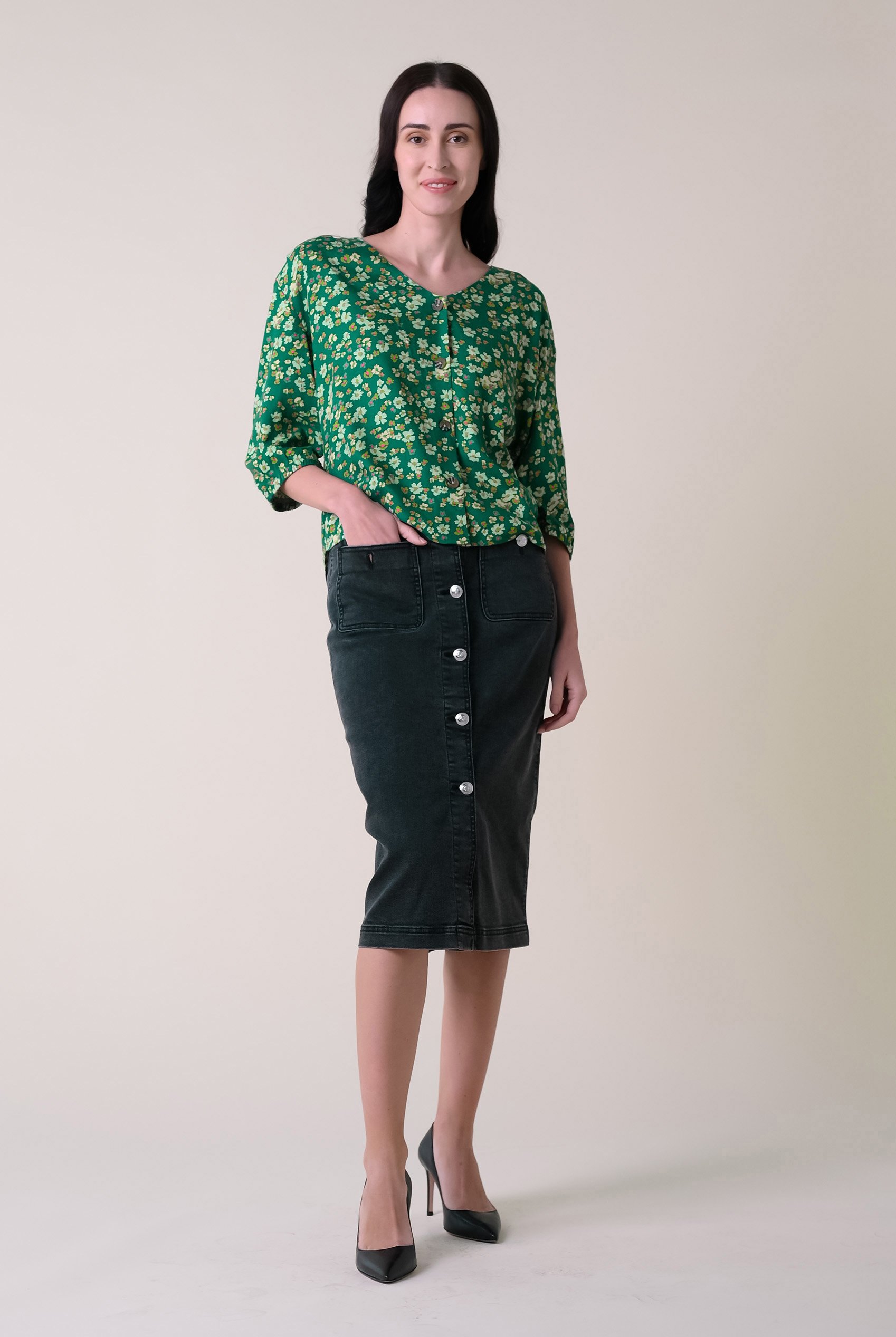 Womens Floral Print Button Front Blouse