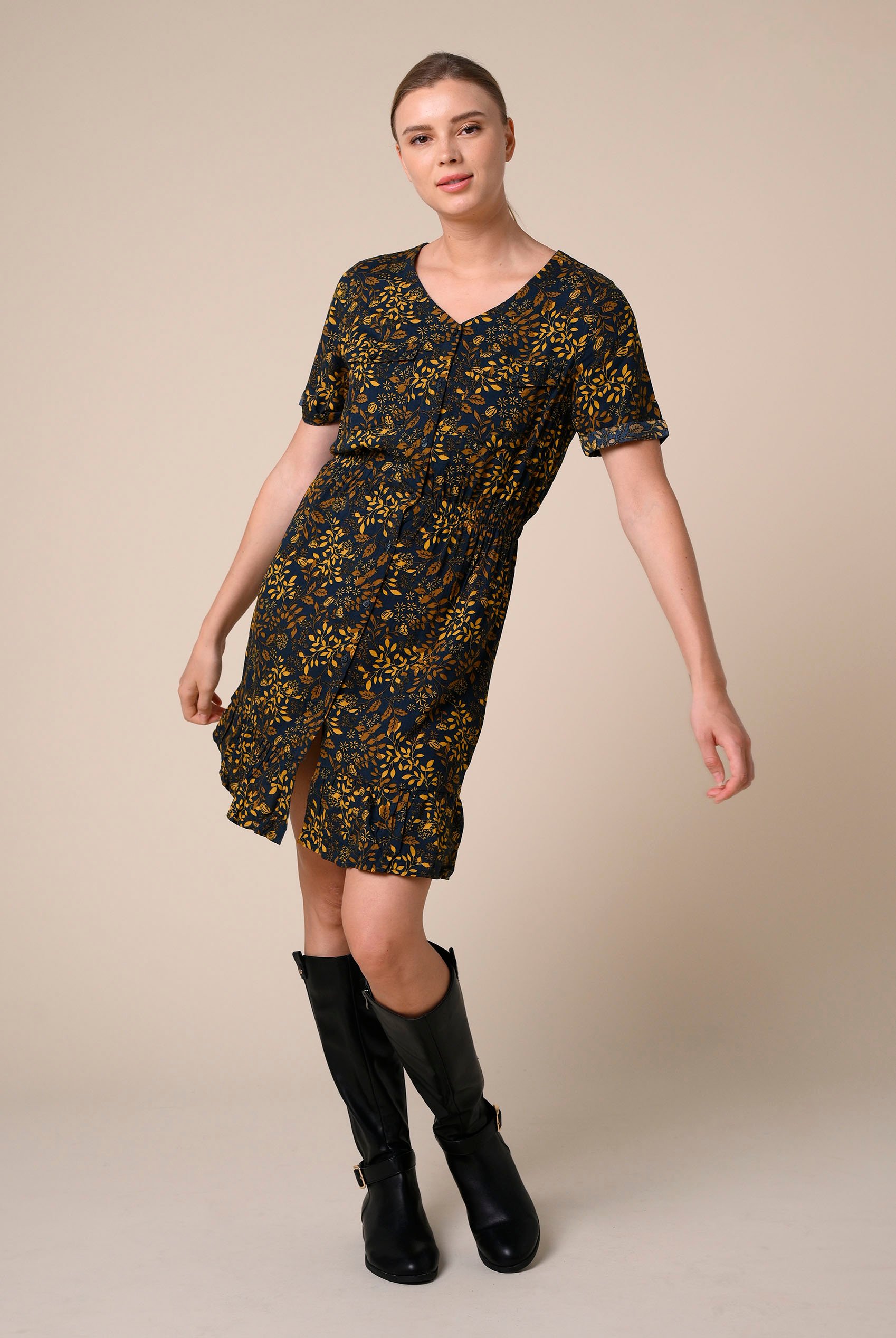 Womens V-neck Button Through Dress