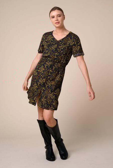 Womens Green V-neck Button Through Dress