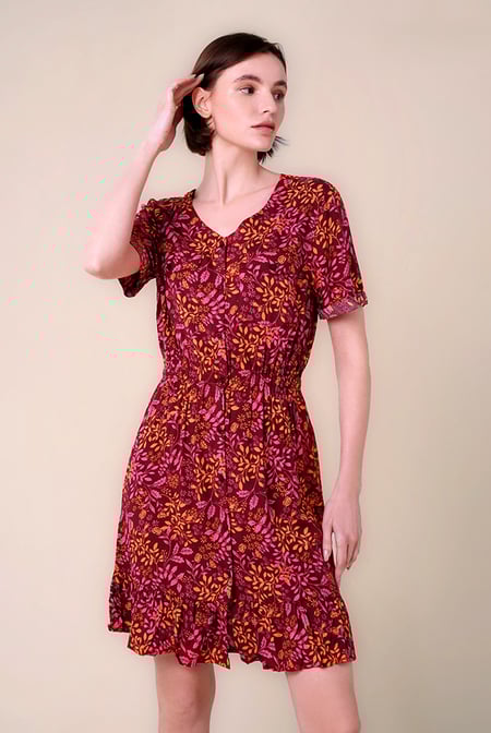 Womens Red V-neck Button Through Dress