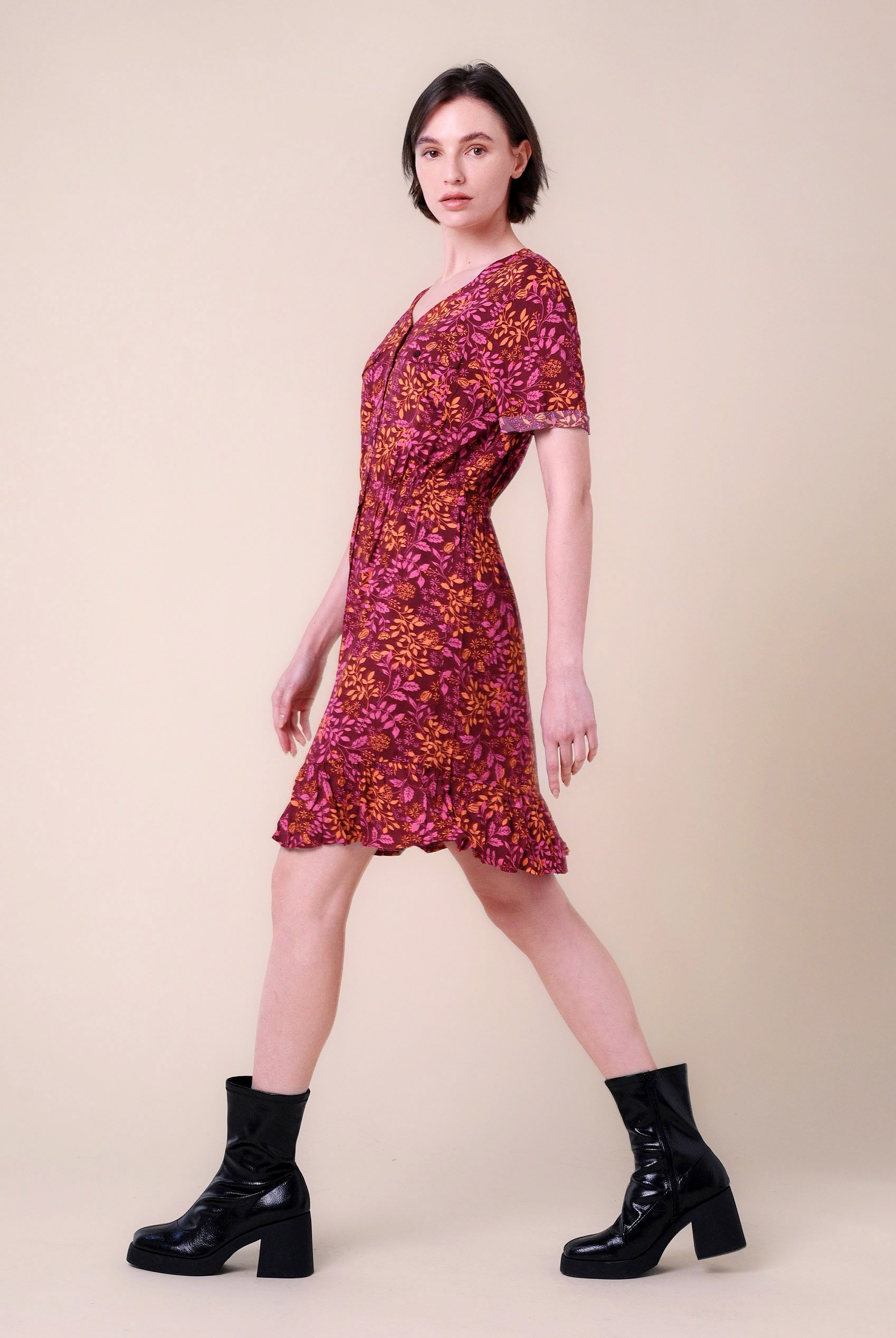 Womens V-neck Button Through Dress