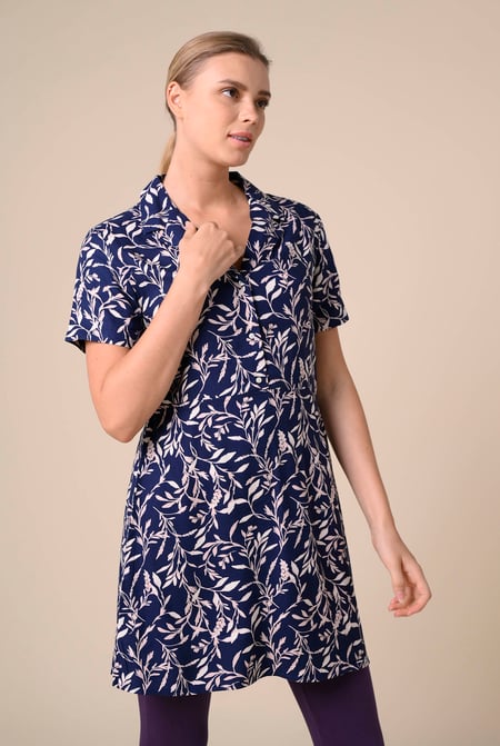 Womens Navy Leaf Print Dress With Collar