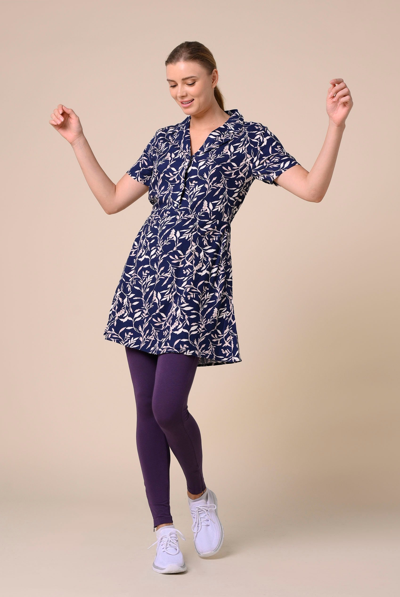 Womens Leaf Print Dress With Collar