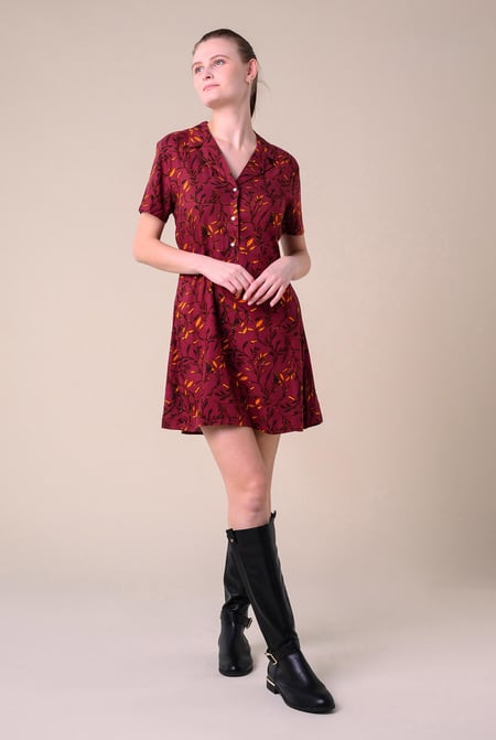 Womens Red Leaf Print Dress With Collar