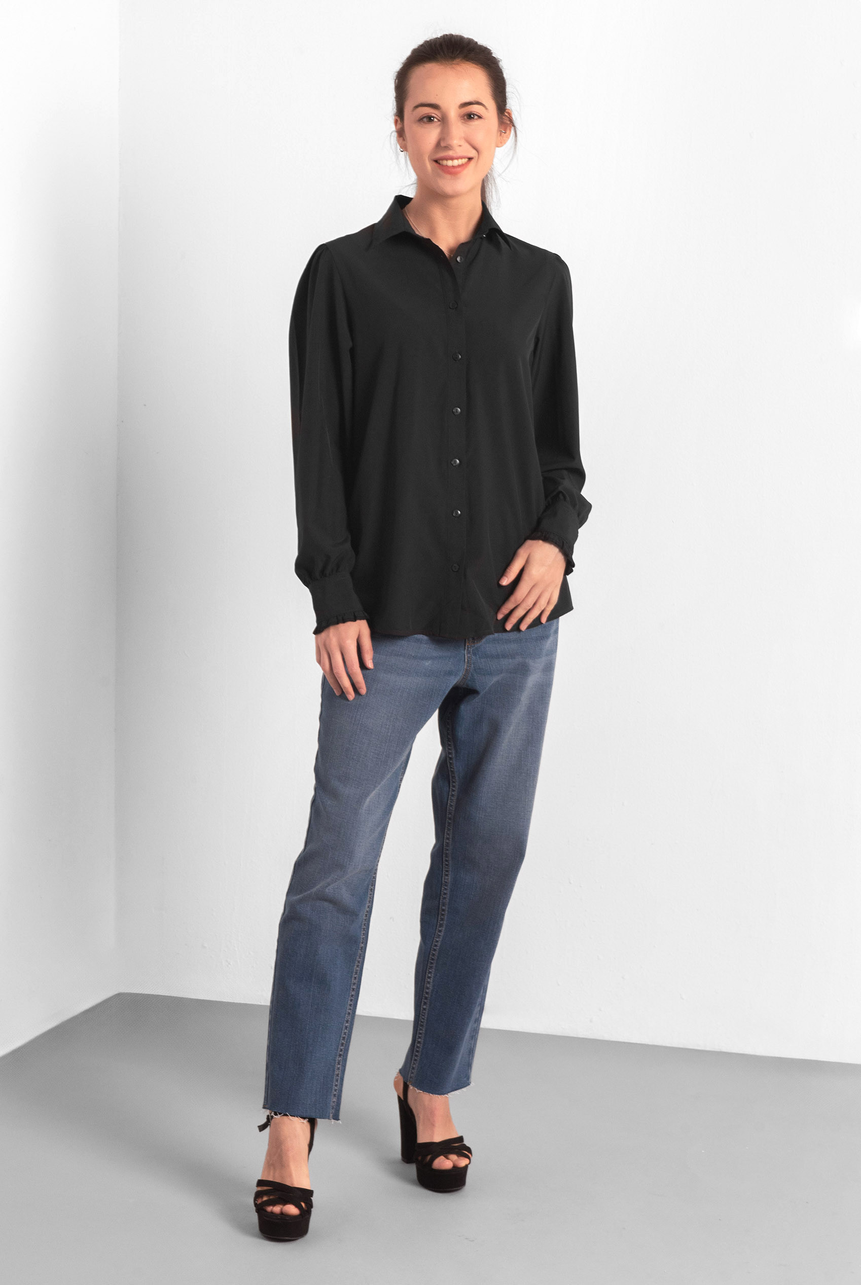 Super Soft Black Shirt With Long Puff Sleeves