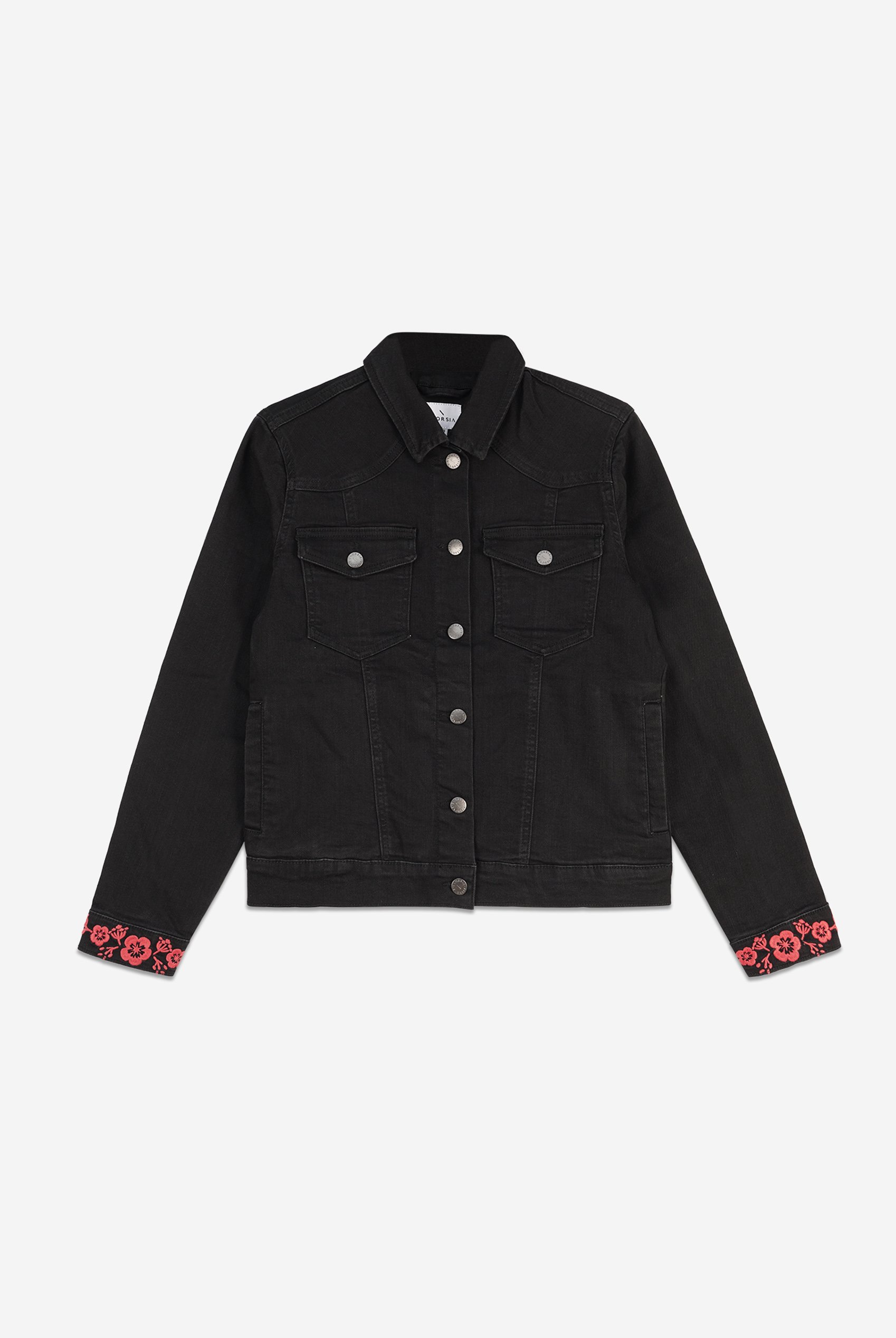 Classic Black Denim Jacket With Sleeve Embroidery