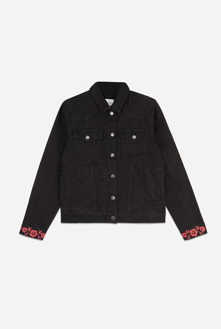 Black Classic Black Denim Jacket With Sleeve Embroidery