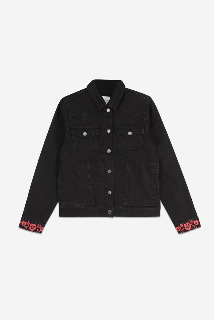 Classic Black Denim Jacket With Sleeve Embroidery