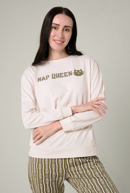 Womens Cream Nap Queen Printed Nightwear Set