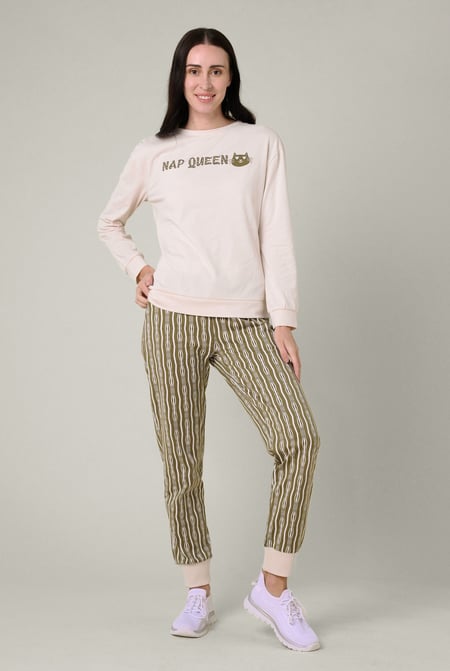 Womens Cream Nap Queen Printed Nightwear Set