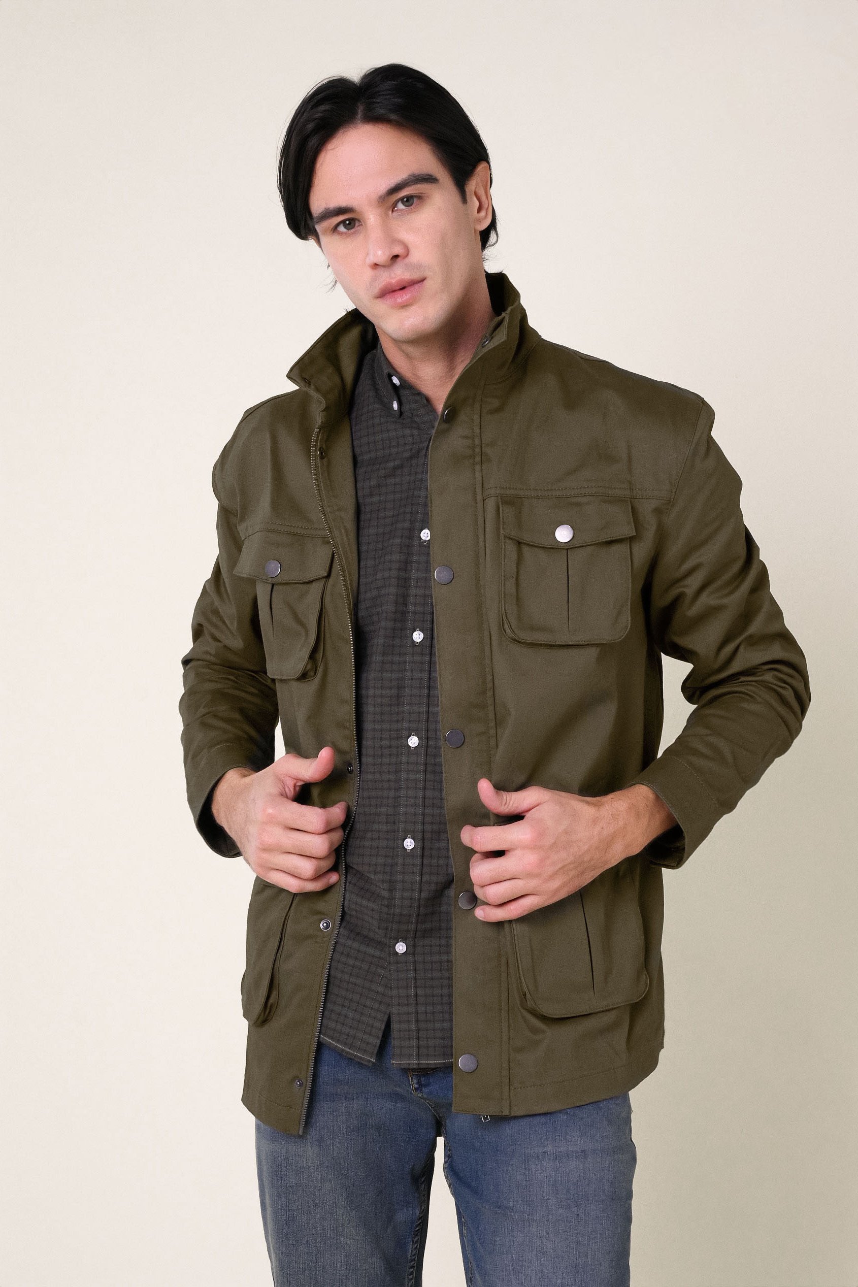 Mens Dark Olive Utility Jacket