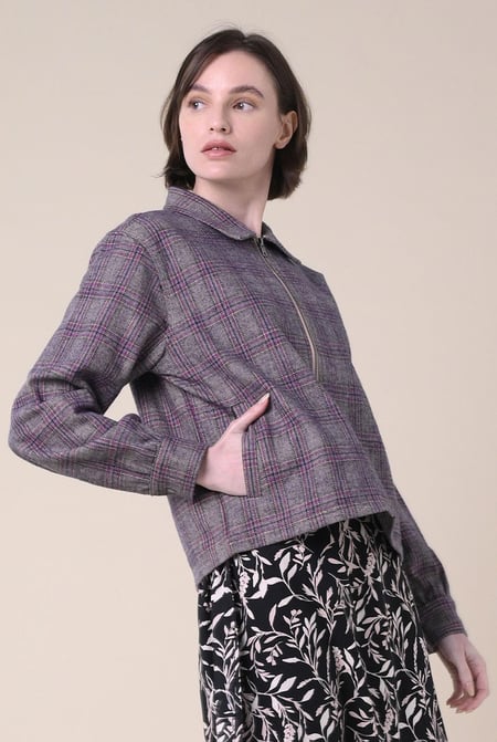 Multicoloured Yarn Dyed Check Cropped Jacket