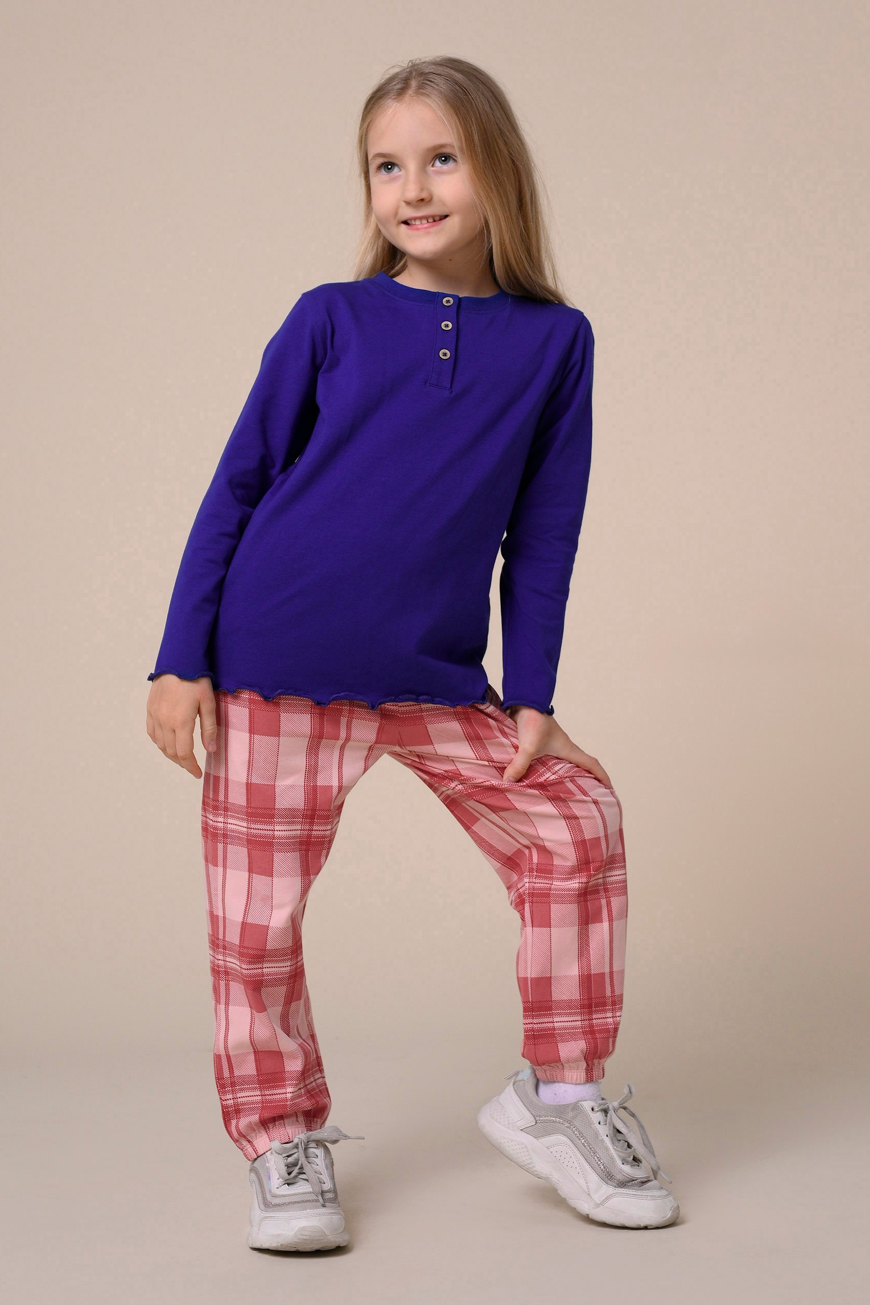 Girls Solid Top & Check Pyjama Set (2/3yrs-8/9yrs)