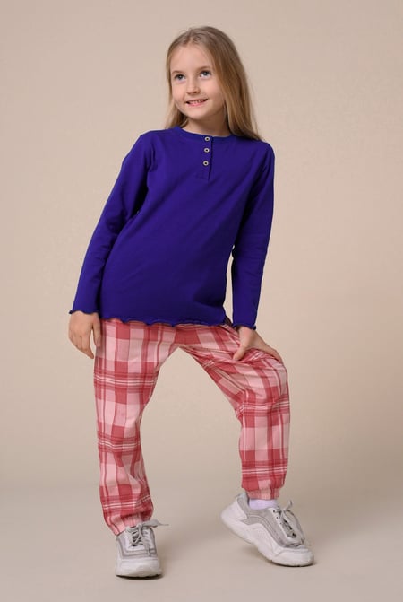 Girls Cream Solid Top & Check Pyjama Set (2/3yrs-8/9yrs)