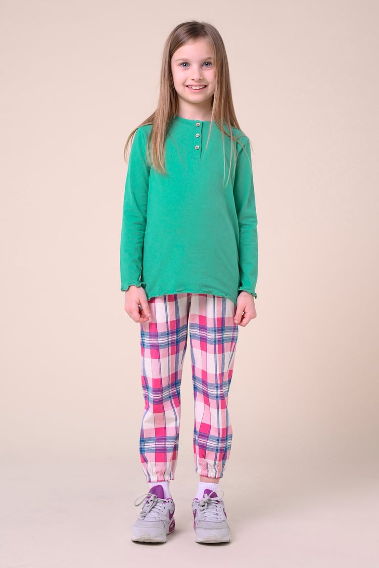 Girls Solid Top & Check Pyjama Set (2/3yrs-8/9yrs)